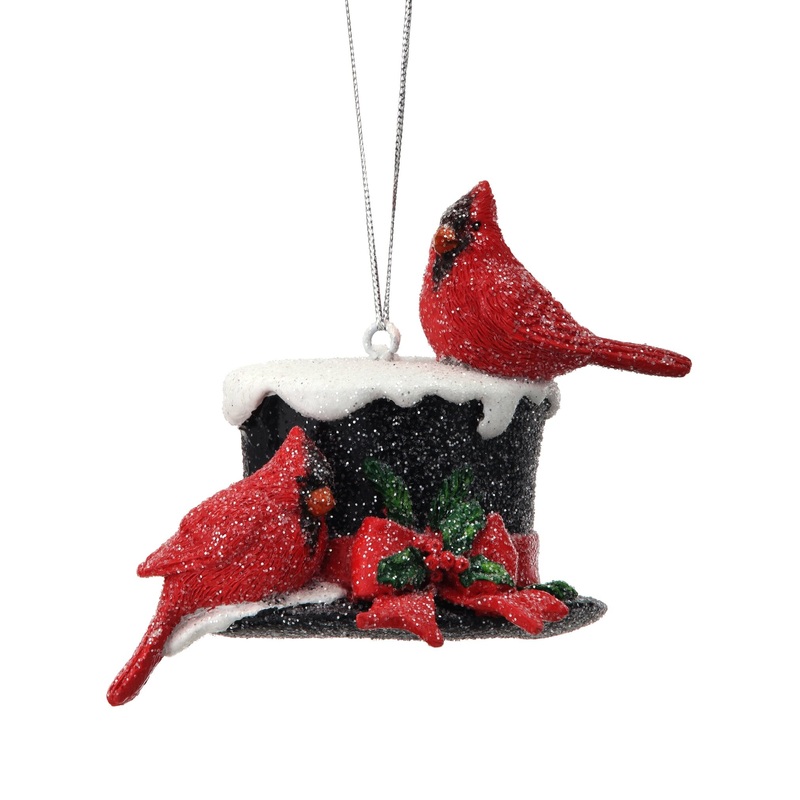 Resin Cardinals on Snowman Hat Ornament, 3