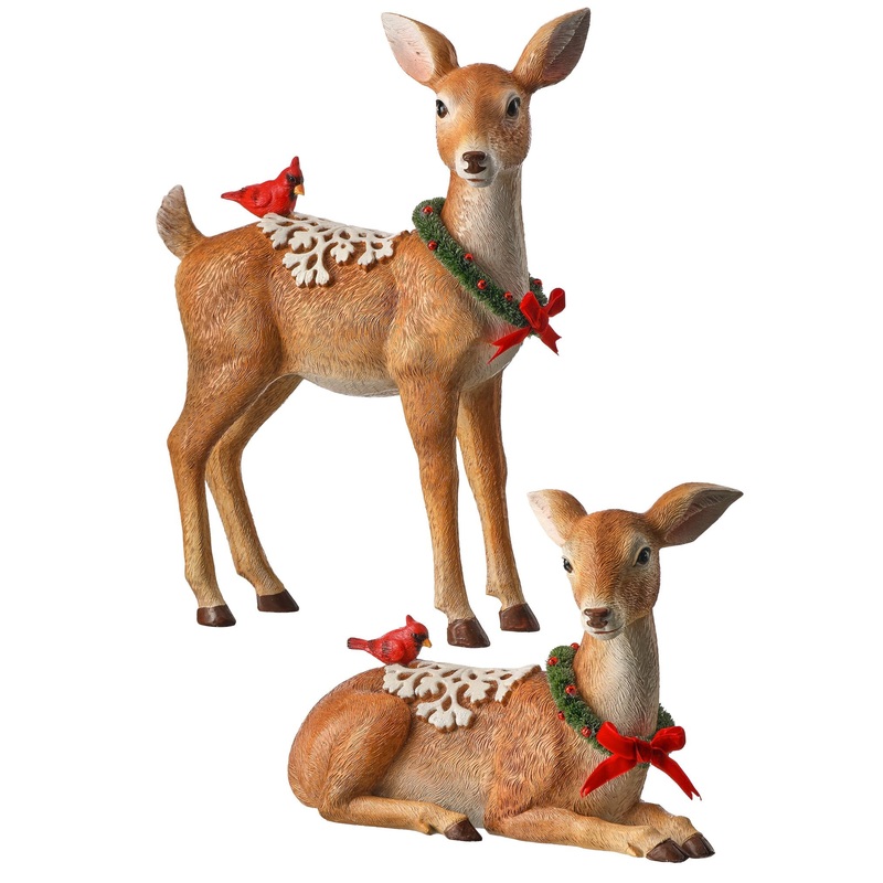Resin Deer w/Cardinals & Snowflake Saddles, 9-12 (Set of 2)