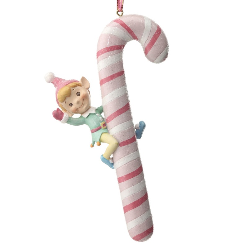 Resin Elf On A Candy Cane Ornament, 6