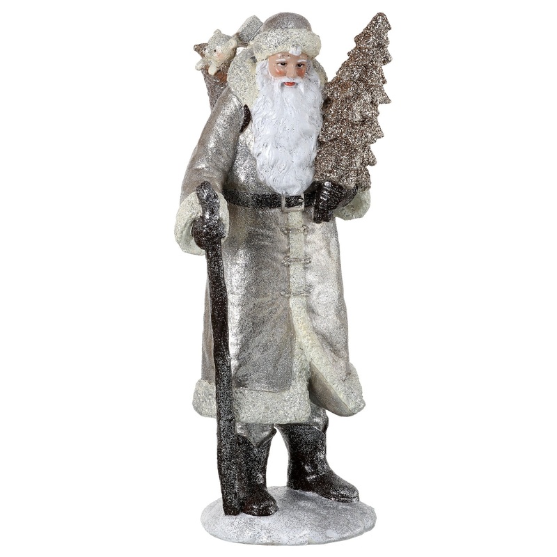 Resin Glitter Vintage Santa w/Tree & Staff, 13