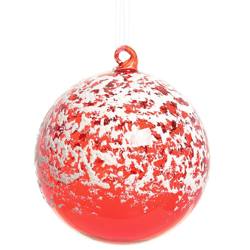 Snowed Glass Ball Ornament, 4.75 (Red & White)