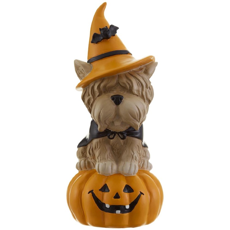 Terrier Sitting on Pumpkin Figurine, 9 (Cream & Orange)