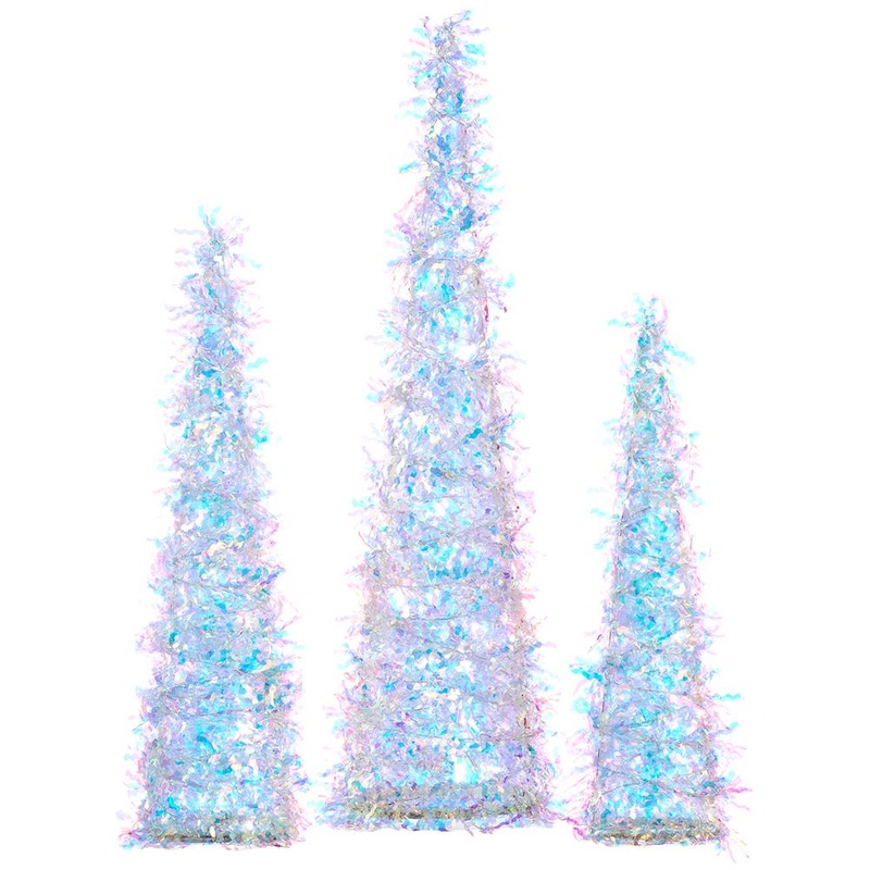 Tinsel Cone Topiary Set, 14.5 – 23 (Set of 3, Iridescent)