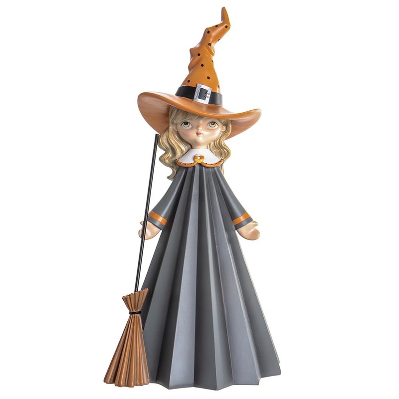 Witch With Broom Figurine, 21.2 (Gray & Orange)