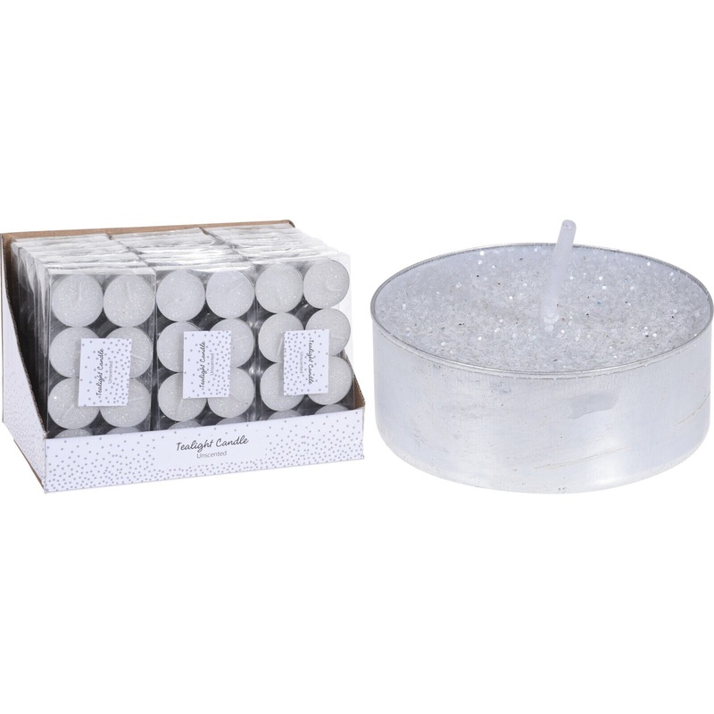 Set of 8 White Glittered Tea Lights (sold individually)