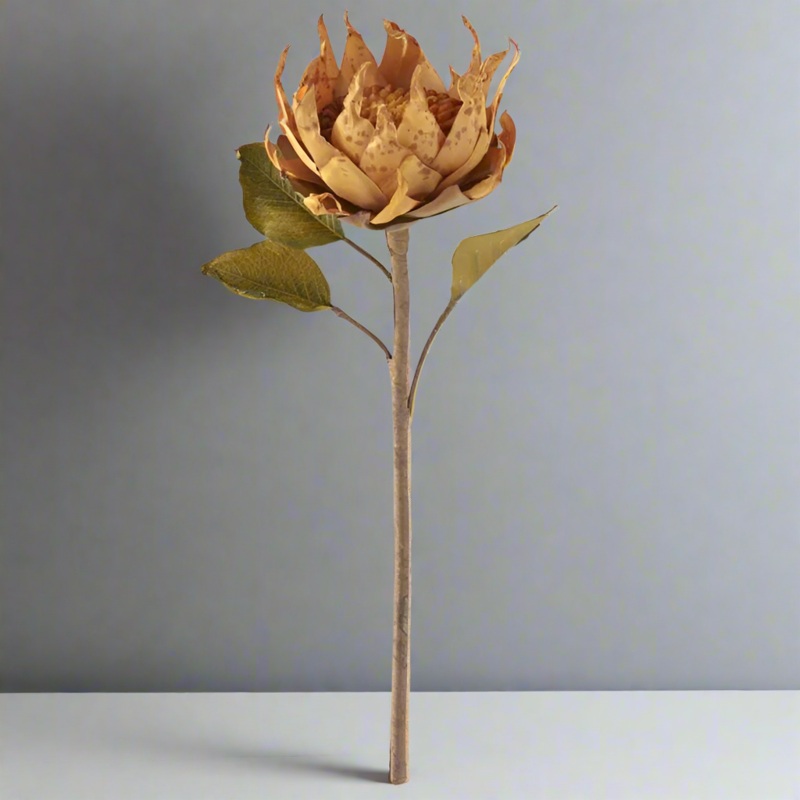 Medium Head Butterscotch Yellow Dried Silk Sunflower Stem, 23