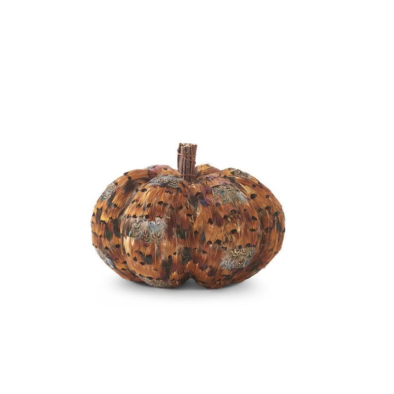 Orange & Brown Feather Pumpkin w/Twig Stem, 6.5