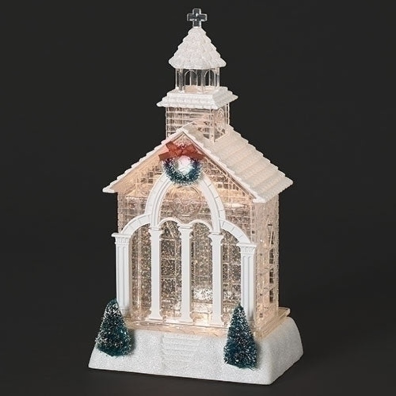 11.5H Lighted Swirl Church w/Tree & Wreath