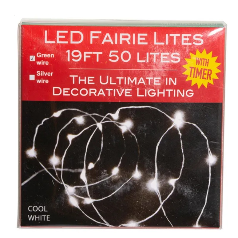 19′ 50-Light Battery-Operated Cool White LED Green Wire Fairy Lights