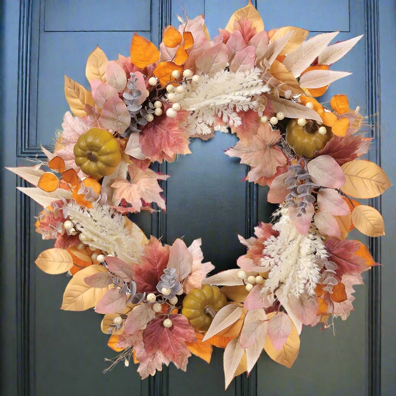 22 Pumpkin & Eucalyptus Wreath w/Twig Base