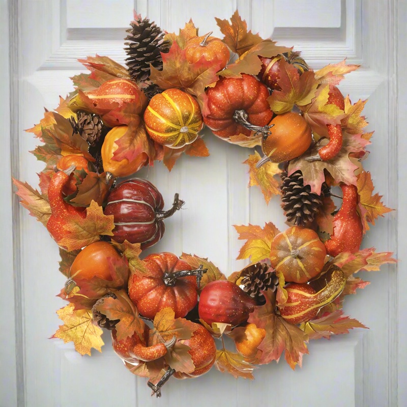 22 Pumpkin & Pine Cone Wreath, Orange / Brown