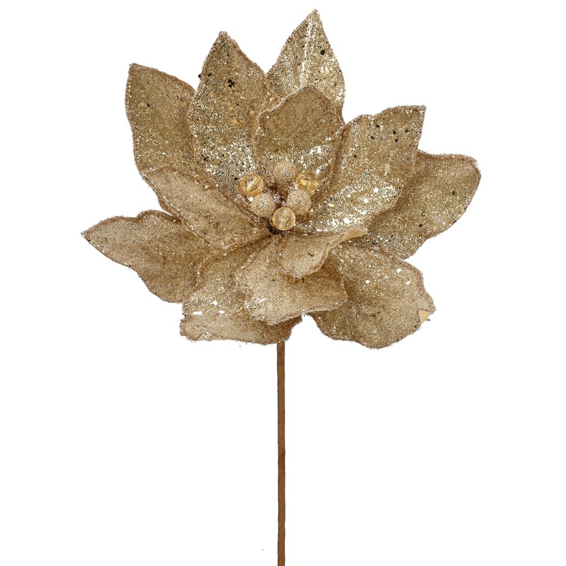 24 Micro Beaded/Sequins Poinsettia Stem (Champagne/Gold)