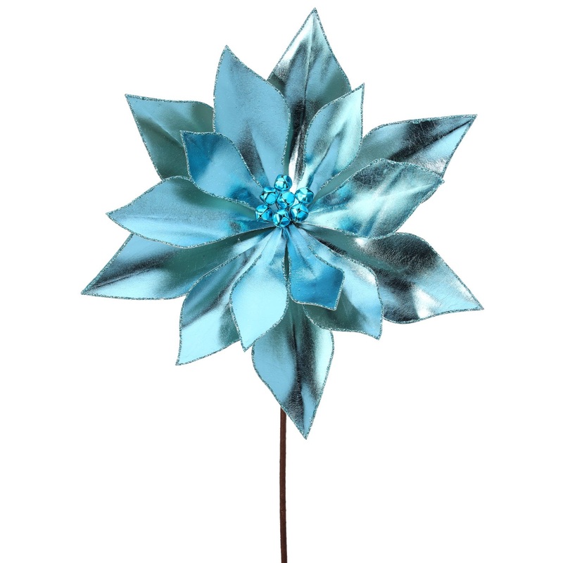 24 Retro Poinsettia Stem w/Jingle Bells (Aqua Blue)