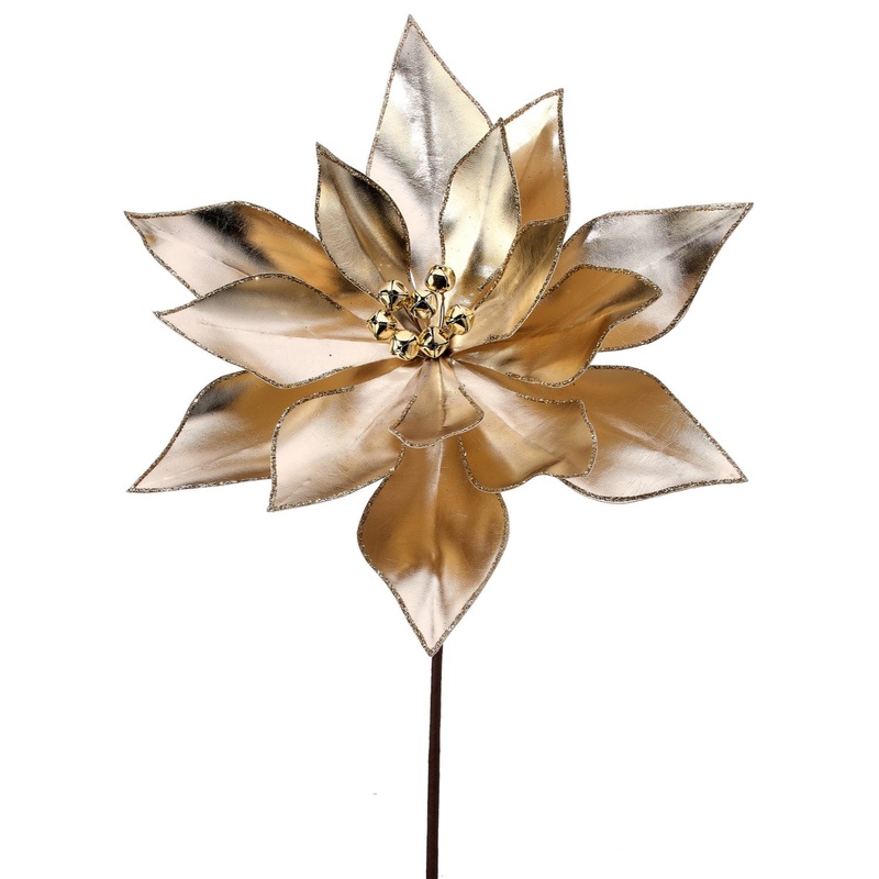24 Retro Poinsettia Stem w/Jingle Bells (Champagne)