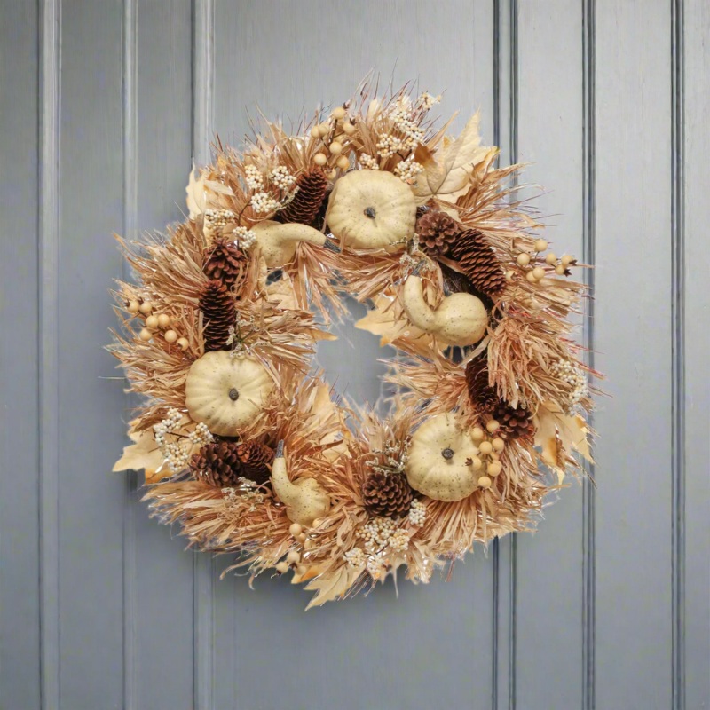 Harvest Wreath with Pumpkins, Berries, Pine Cones, and Straw Accents, 22
