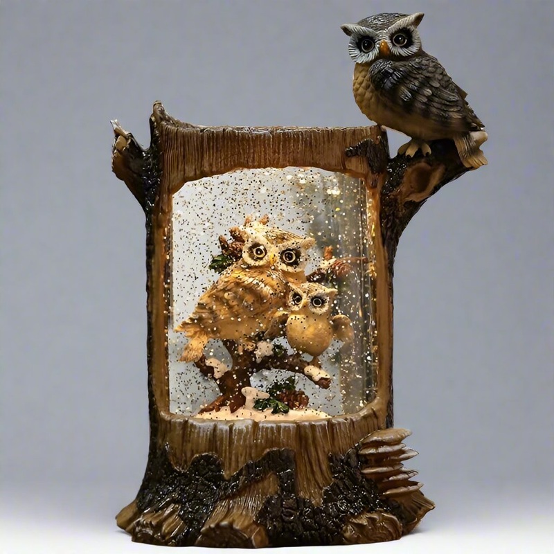Lighted Swirl Log W/ Owl Family Scene, 10