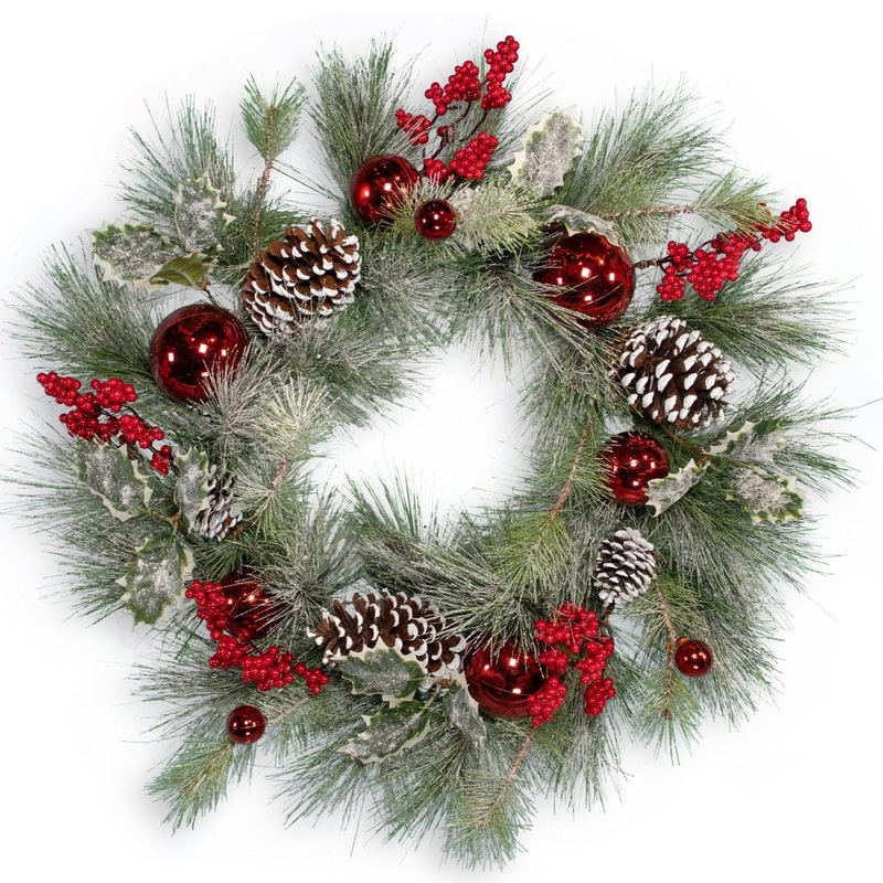 24 Frosted Pine Wreath w/ Pinecone, Holly, Berries & Red Ball