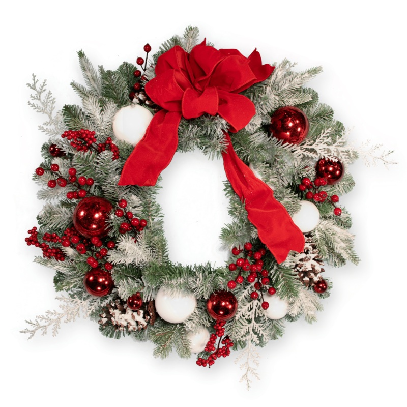 24 Frosted Pine Wreath w/ Red and White Balls, Red Berry & Pinecones