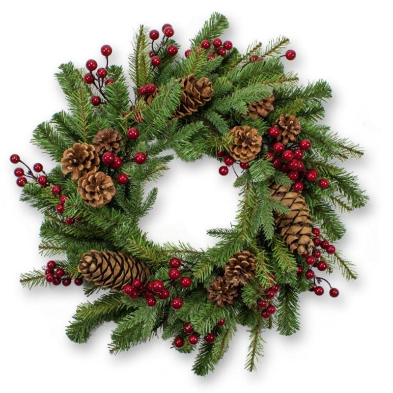 24 Mixed Pine Wreath w/ Red Berries & Pine Cones
