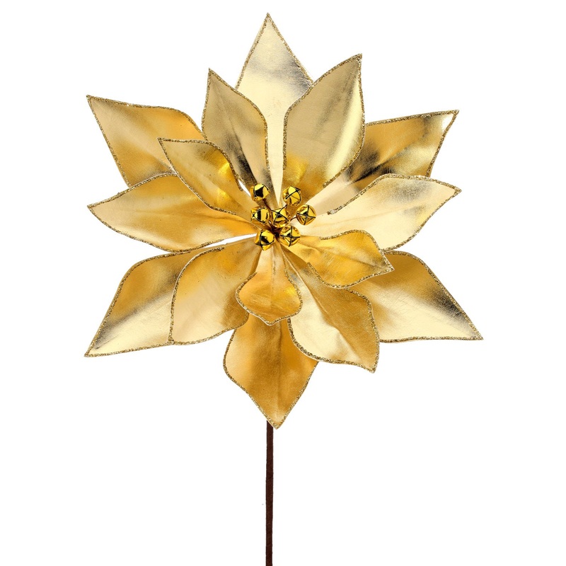 24 Retro Poinsettia Stem w/Jingle Bells (Gold)