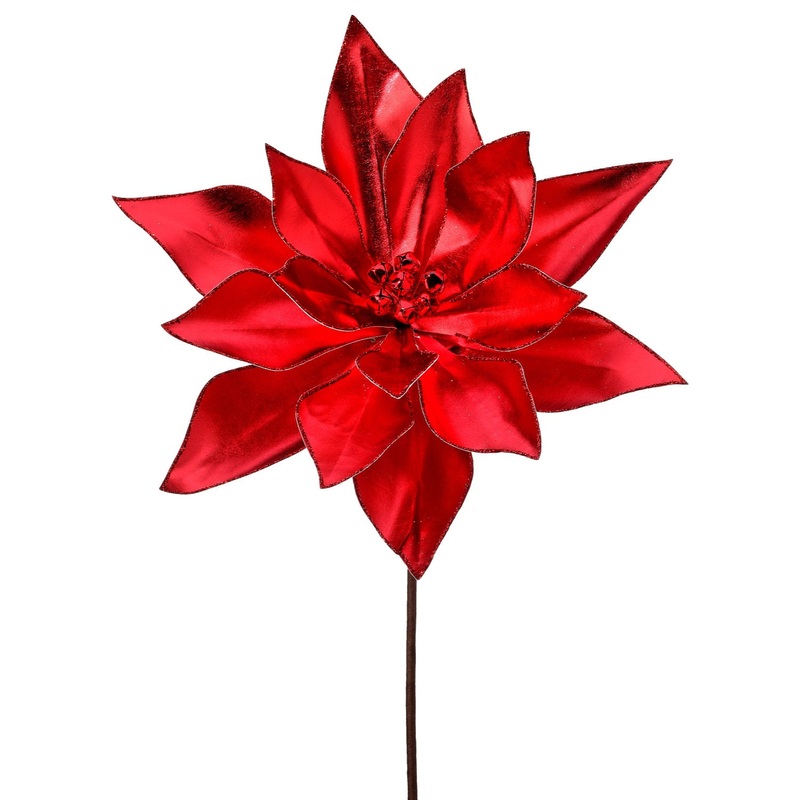 24 Retro Poinsettia Stem w/Jingle Bells (Red)