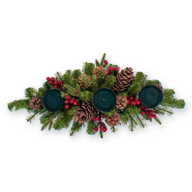 28 3 Pillar Candle Holder Centerpiece w/ Berries & Cones