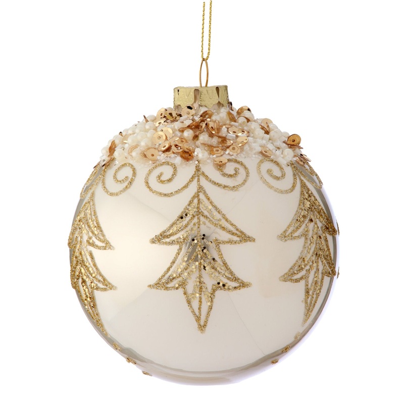 4 Glass w/Pearl Etched Ball Ornament (Cream/gold)