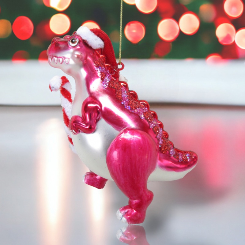 5 Pink Dinosaur w/Candy Cane Ornament
