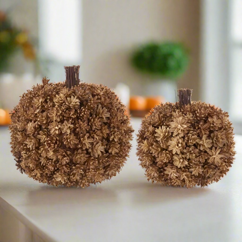 Set of 2 Tan Pinecone Pumpkins w/Twig Stem