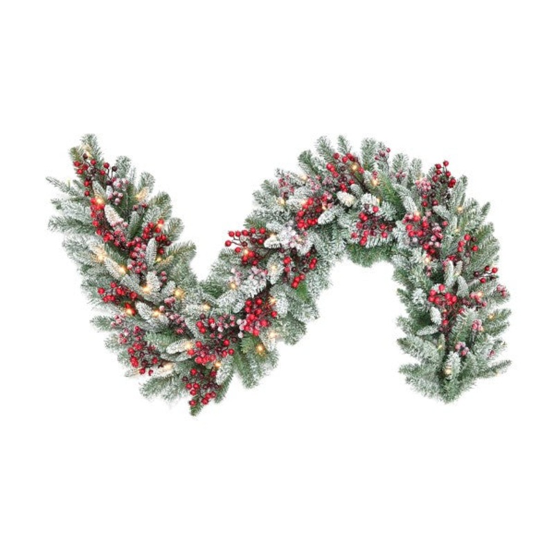 Warm White Frost Berry Pine Battery Operated Garland, 9′ x 14