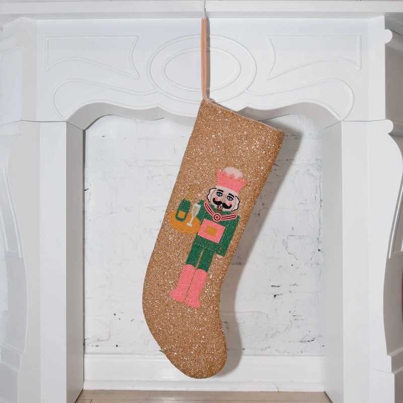 Queen of Sparkles – Gold Beaded Serving Nutcracker in Champagne Stocking (ITES x Sami Riccioli)
