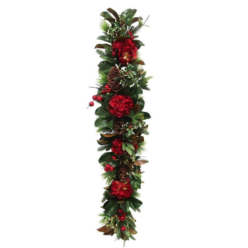 Red Hydrangea Holiday Garland, 5′