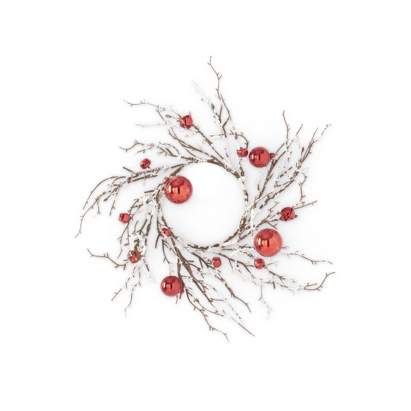 14 Red Ornaments & Bells Glittered Flocked White Candle Ring