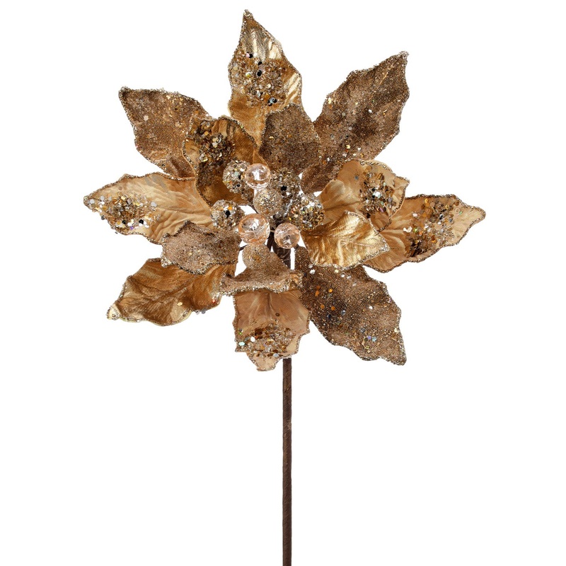 24 Iced w/Jewel Encrusted Poinsettia Stem (Champagne Gold)