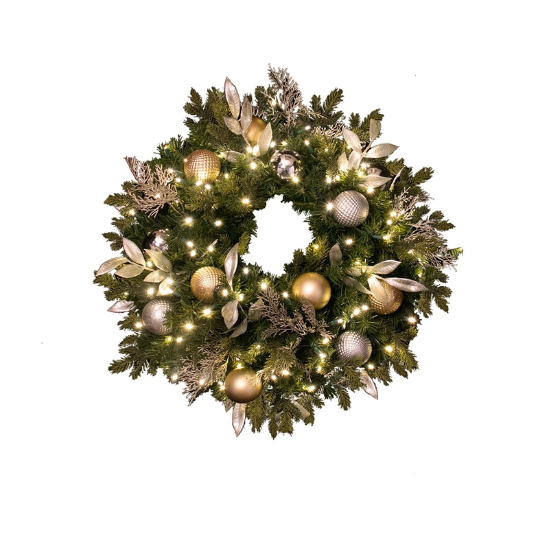 2ft to 5ft Indoor Artificial Christmas Wreath, Pre-Decorated & Pre-Lit: Mixed Pine PVC + PE Greenery, LED Warm White, coaxial plug