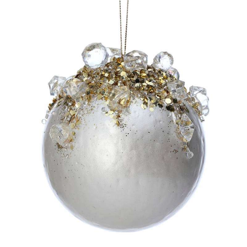3.75 Jeweled Shiny Ball Ornament (Ivory Gold)