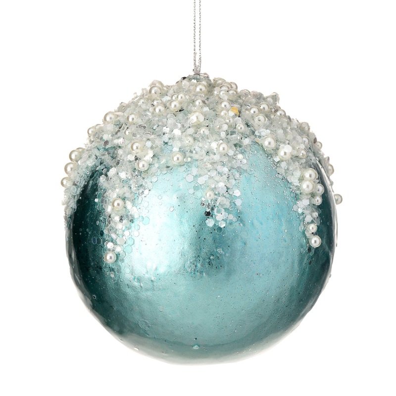 5 Pearl / Crystal Encrusted Ball Ornament (Aqua)
