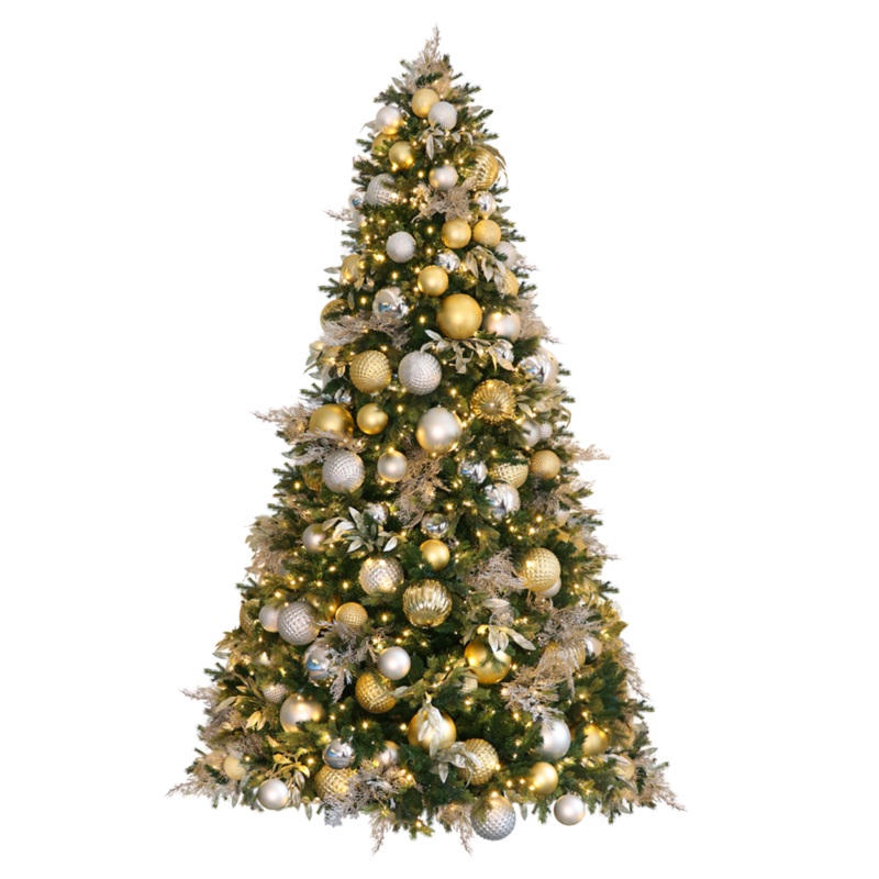 7ft to 9 ft Indoor Hinged Artificial Christmas Tree, Pre-Decorated & Pre-Lit: PVC + PE Greenery, LED Warm White, coaxial plug