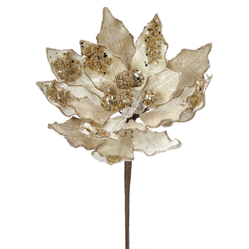 Heavy Jeweled Poinsettia Stem (Ivory Gold), 18