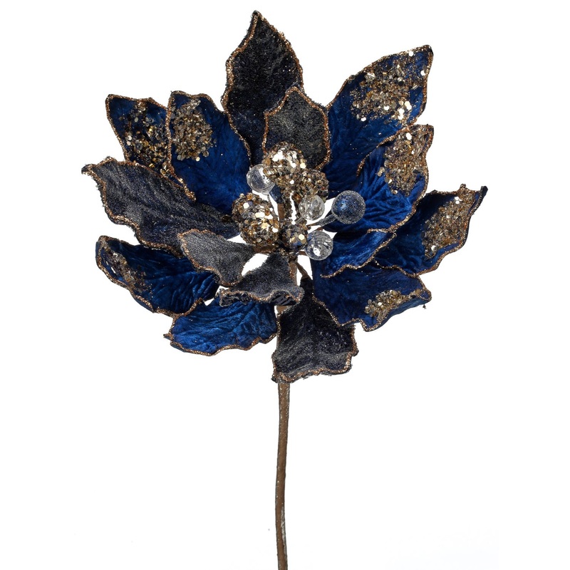 Heavy Jeweled Poinsettia Stem (Sapphire Gold), 18