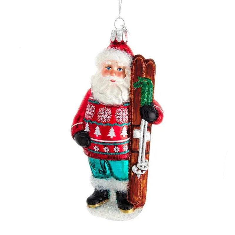 Noble Gems Glass Santa With Skis Ornament