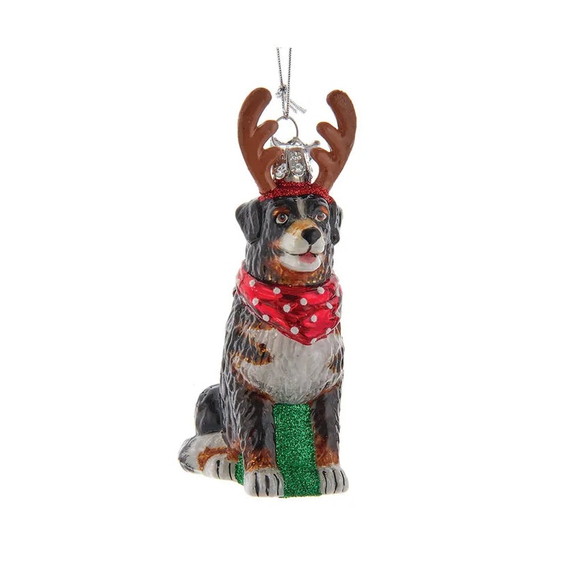 Noble Gems Bernese Mountain Dog With Antlers Glass Ornament