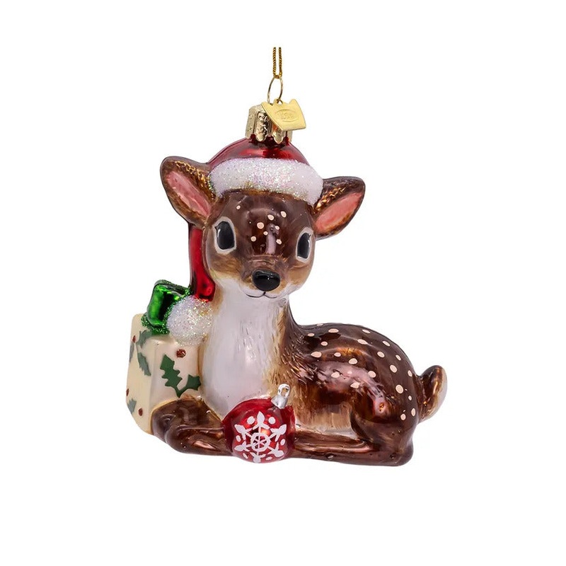 Noble Gems Glass Nostalgic Reindeer With Santa Hat & Gift Box Ornament