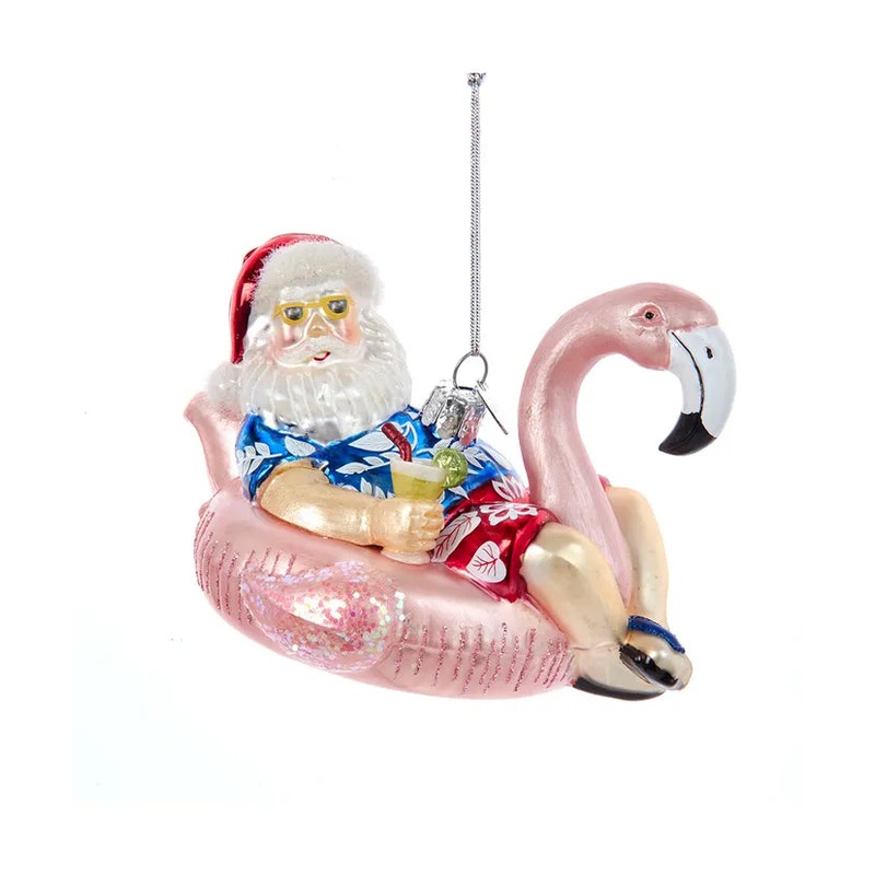 Noble Gems Glass Santa In Flamingo Pool Float Ornament