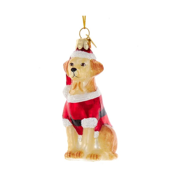 Noble Gems Glass Yellow Labrador Retriever With Santa Suit Ornament