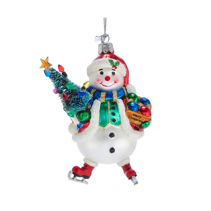 Noble Gems Snowman With Christmas Tree Glass Ornament