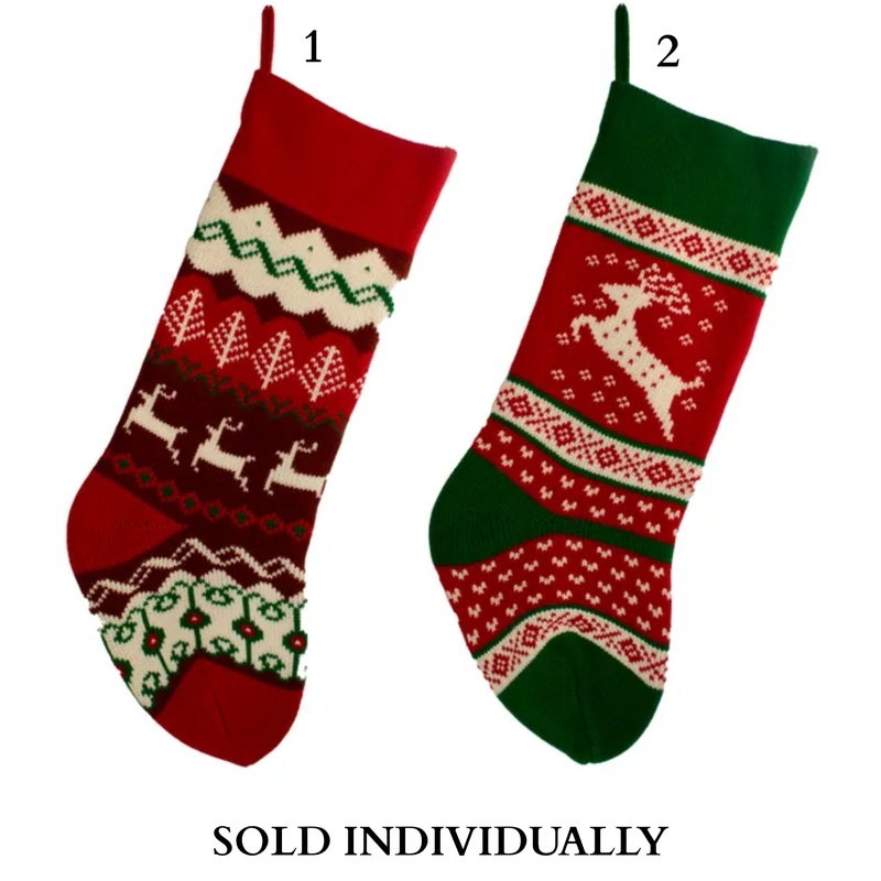 Red, Green and Ivory Knit Reindeer Stockings (2 Styles  Sold individually)
