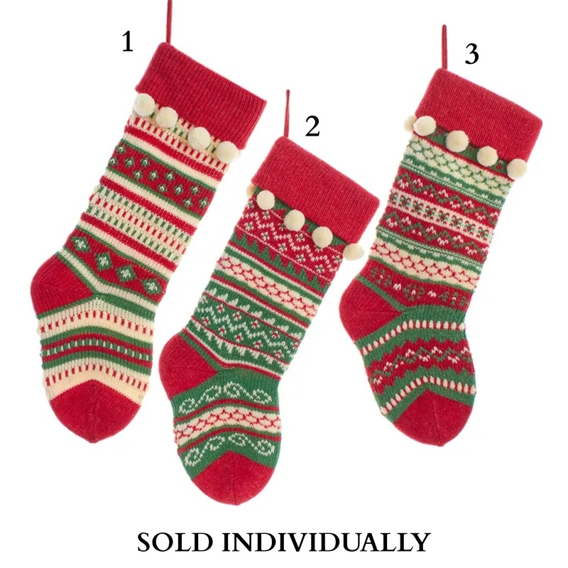 Red, Green & White Heavy Knit Stockings (3 Styles  Sold individually)