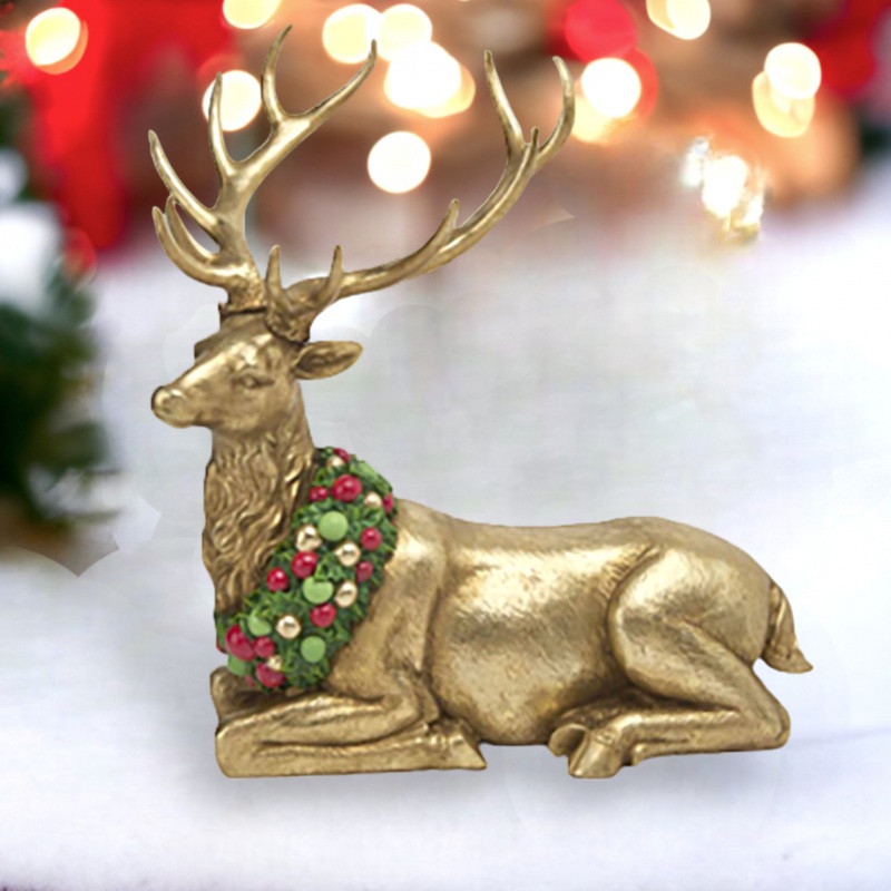 17 Gold Deer Laying w/Neck Wreath
