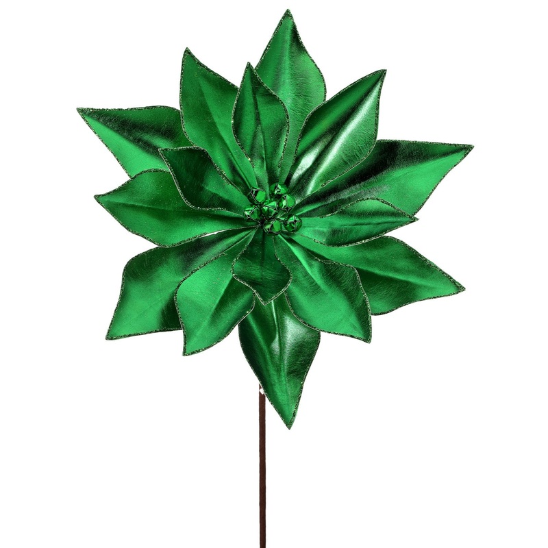 24 Retro Poinsettia Stem w/Jingle Bells (Green)